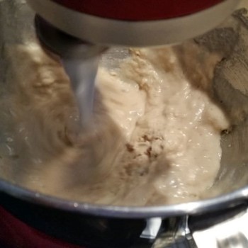 1 EL Olivenöl zu der Hefelösung geben und unter ständigem Rühren 170 g Backmischung zugeben. Solange weiter rühren, bis sich ein gleichmäßiger Teig gebildet hat.