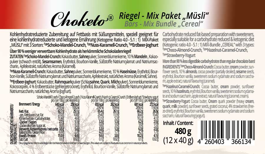 Low Carb Schokolade Schokoladenriegel Müsliriegel zuckerfrei keto maltitfrei xylitfrei Diabetikergeeignet