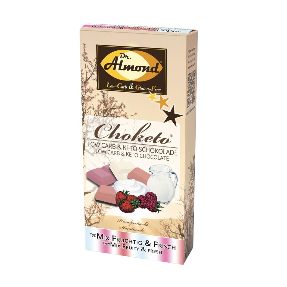 CHOKETO Low Carb & Keto Schokolade MIX-Paket FRUCHTIG & FRISCH – Joghurt-Quark + Erdbeer-Sahne + Himbeer-Joghurt – 3 Tafeln – handgemacht