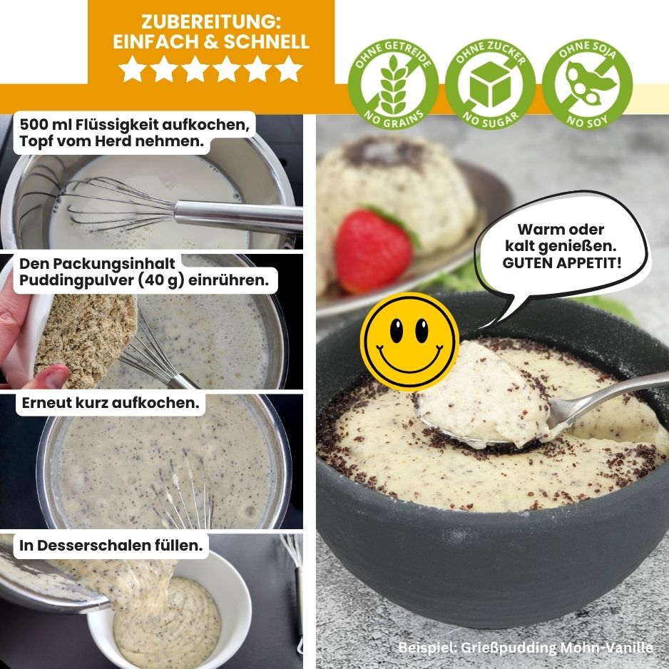 LOW CARB PROBIERBOX 3: Pudding & Grießpudding | mit 6 Probepäckchen zum Testen | glutenfrei keto |ohne Zuckerzusatz | VEGAN