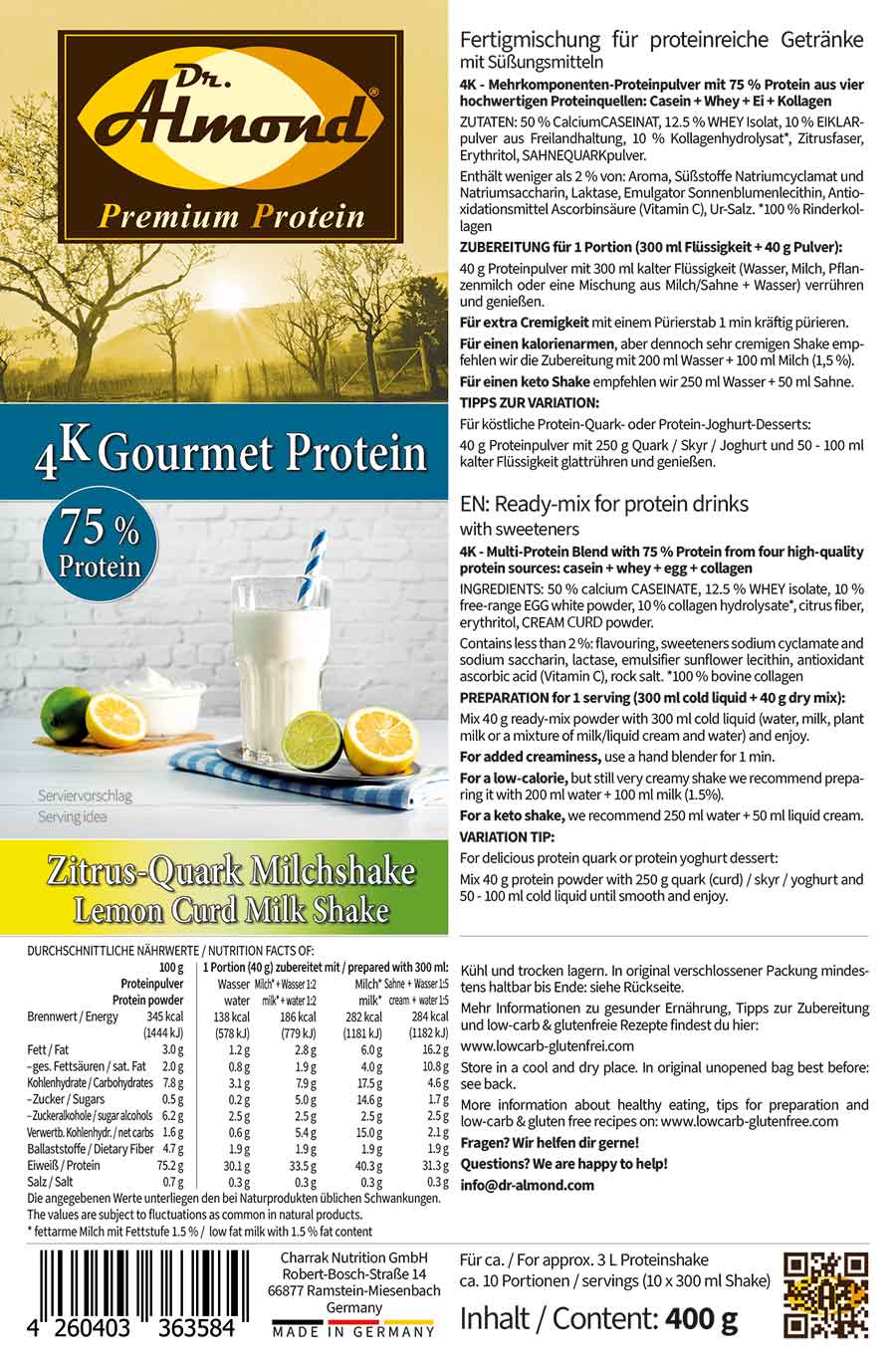 Protein ZITRUS-QUARK MILCHSHAKE Proteinshake Ketoshake Proteinpulver Lemoncurd - Etikett