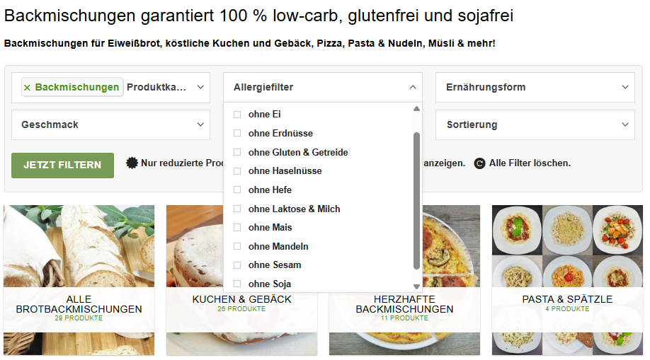 Screenshot vom Allergiefilter im Dr. Almond-Shop